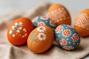 Painted orange and blue Easter eggs with floral folk art patterns on linen cloth