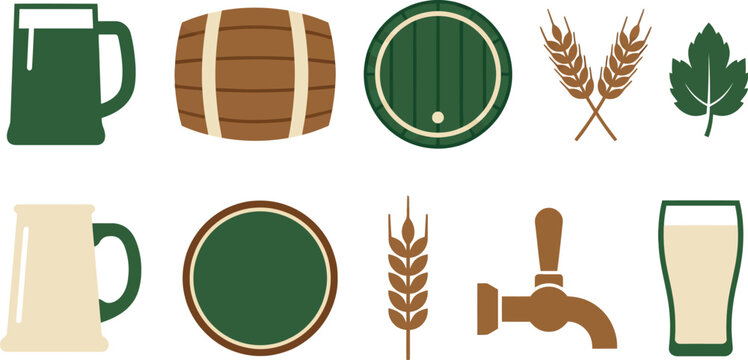 Vintage-inspired pub tavern elements flat vector pack with forest green wood-brown cream minimalist beer mug silhouette wooden barrel side view circular barrel head crossed wheat stalks simple hop 