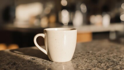 Fototapeta premium A single cream-colored mug sits on a granite countertop, bathed in sunlight with a blurry kitchen background