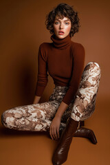 Fashionable young woman posing in brown turtleneck and patterned tights on studio background