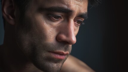 Obraz premium Cinematic close up portrait of a thoughtful man in side light, expressing introspection and calm.