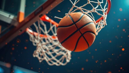 Fototapeta premium Basketball swishes through net in dramatic close-up. Orange ball goes into hoop during intense match. Victory celebration in stadium arena. Winning point scored.
