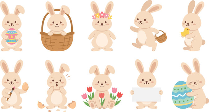 Spring Easter bunny character set with 10 cute beige poses holding decorated egg basket flower crown hopping chick paintbrush tulips banner holiday festive flat vector illustration