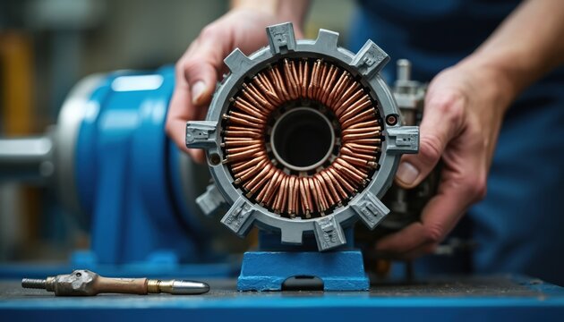 Technician repairs electric motor stator windings. Close up view of copper coils in armature for industrial machinery maintenance. Tools nearby.