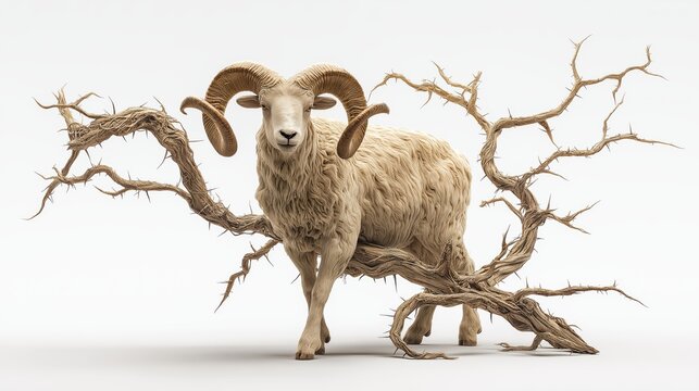 A sacrificial ram standing still with its horns caught in dense thorns, symbolizing obedience, deliverance, and the Abraham and Isaac biblical narrative.