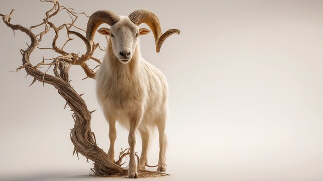 A sacrificial ram standing still with its horns caught in dense thorns, symbolizing obedience, deliverance, and the Abraham and Isaac biblical narrative.