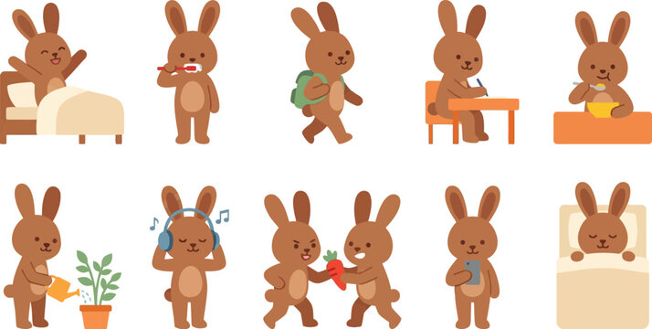 Brown bunny character daily routine collection with 10 poses waking stretching brushing teeth walking backpack writing eating watering plant headphones sleeping flat vector illustration