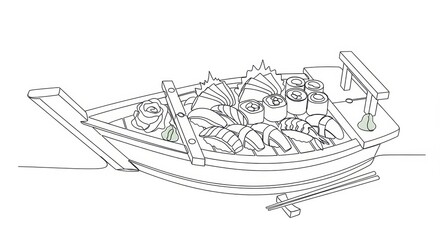 Fototapeta premium Japanese Sushi Boat Presentation - Simple Line Art Sketch