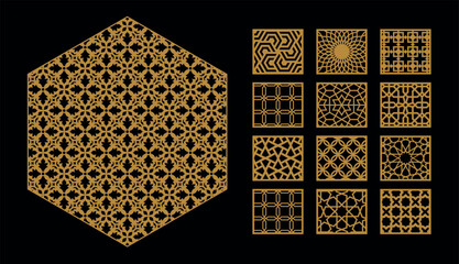 golden geometric patterns on dark background