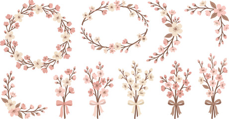 Delicate cherry blossom wreaths and tied branch bunches with 10 elements blush pink cream soft brown circular oval asymmetrical corner sakura flowering branches ribbon flat vector © Madhuka Disanayaka
