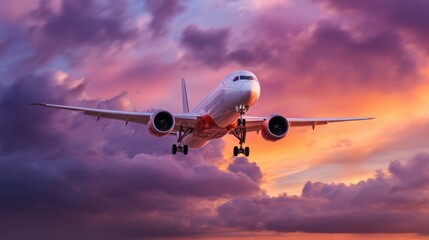 Obraz premium Airplane soaring through vibrant sunset sky with dramatic clouds.
