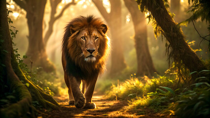 "The Regal Stare: A Lion's Commanding Presence on the Forest Trail"