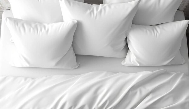 modern white bedroom from above, top-down aerial view, crisp white bedding with multiple white pillows arranged on bed with white wooden headboard