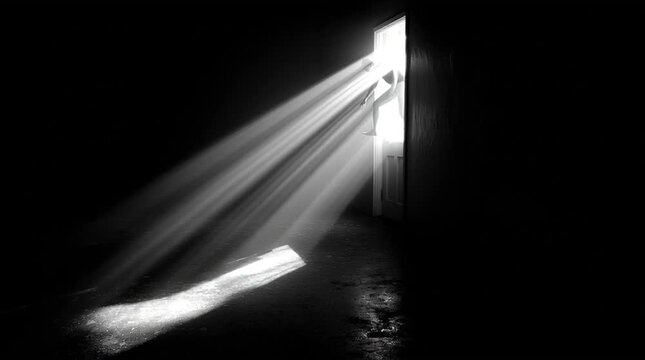 Central subject emerging from deep darkness under sudden hard light, with edges barely visible, creating a stark, high-contrast scene focused on isolation, revelation, and dramatic visual tension.
