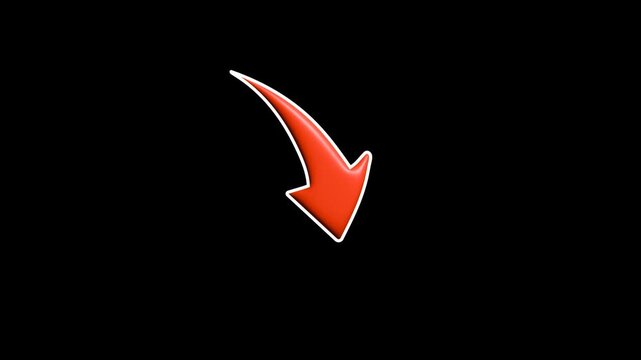 Minimalist red 3D curved arrow animation pointing down on black background, perfect for directional cues, call to action, and modern video transitions.
