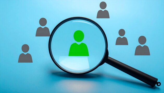 Hand Holding Magnifying Glass Selecting Green Talent Icon from Group of Grey Candidates