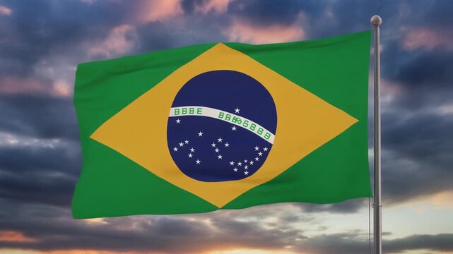 Brazilian Flag Waving Proudly Against a Dramatic Sky Symbolizing National Pride and Resilience