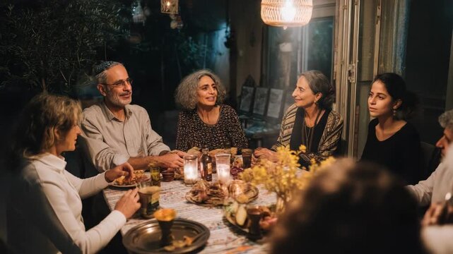 Family gathering around a table for a festive meal outdoors at night