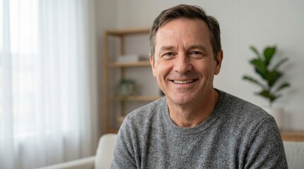Obraz premium Portrait of a Smiling Mature Man Relaxing in a Bright Modern Living Room