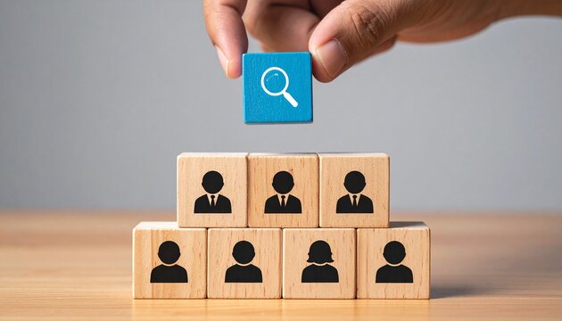 Hand Placing Blue Search Icon Block Atop Wooden Pyramid of Candidate Silhouettes
