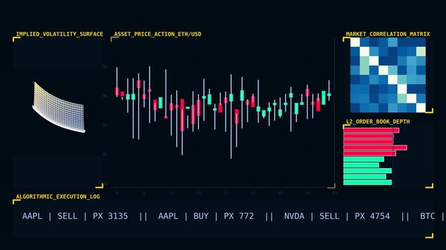 Futuristic AI Trading Dashboard with Central Asset Price Action, Algorithmic Finance HUD, Real Time Market Analytics, Candlestick Chart and Fintech Data Visualization