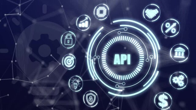 Automated API workflow visualization with mechanical gear icons and technical logic for an enterprise business networking system.