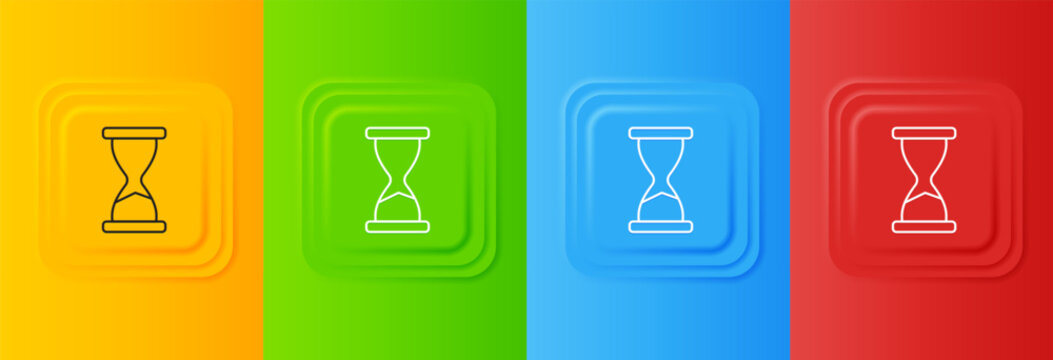 White Old hourglass with flowing sand icon isolated on colorful background. Sand clock sign. Business and time management concept. Set icons in square buttons. Vector