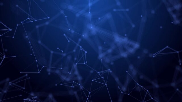 Abstract blue digital network animation with interconnected plexus lines. Cyber-physical industrial automation background with blue glowing nodes for a business networking system.
