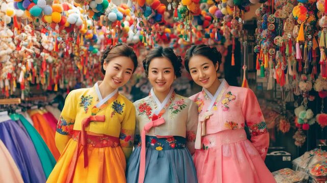 Three young Korean women in colorful traditional hanbok dresses smiling at a market stall