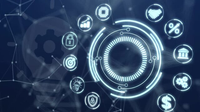 Operational efficiency roadmap showing automated gear icons and progress charts for a business .Futuristic processing interface with glowing circular HUD elements and technical icons for a business