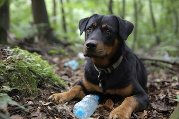 Black and tan dog resting in forest with plastic bottle on leafy ground