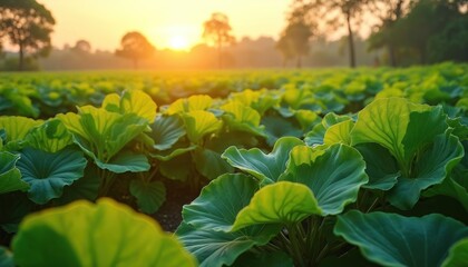 Obraz premium Rows of rich green taro plants grow in a sunlit agricultural field at dawn. The warm golden sun rises over the horizon creating a soft hazy glow. Tall trees dot the background. Peaceful farming scene.