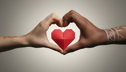 Obraz premium Diverse hands forming heart shape with red paper