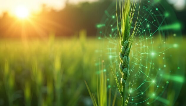 Green wheat ear grows in sunlit field. Digital network overlay shows biotech crop innovation. Sustainable farm tech increases yield. Food security concept.