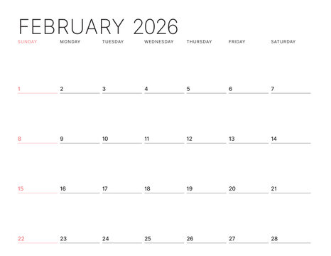 February 2026 calendar template. Week starts on Sunday. A minimal planner design for monthly scheduling and organization. Vector illustration for a printable professional agenda layout