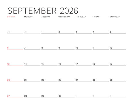 Minimalist calendar planner template for September 2026. Week starts on Sunday. Clean vector illustration design for monthly schedule organization. Agenda for business or personal use