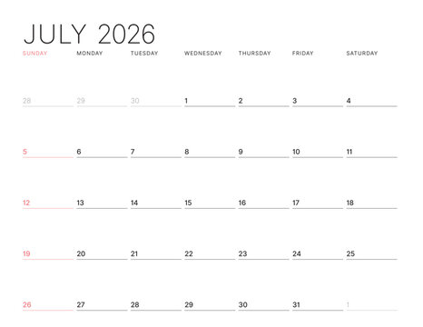 Minimalist monthly calendar planner template for July 2026. Week starts on Sunday. Clean simple design for business planning or personal schedule. Vector illustration for easy editing and printing