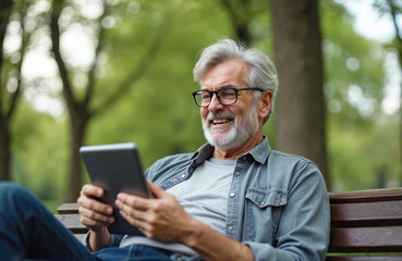 Obraz premium Gray haired old man smiles using digital tablet outdoors on park bench. He wears glasses, casual shirt, jeans, enjoys wireless tech outside. Senior male browses internet, watches videos.