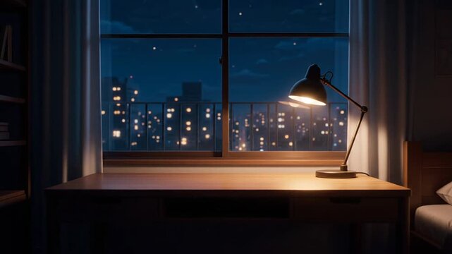 Empty wooden desk workspace with glowing lamp by window overlooking blurred city skyline at night. Cozy lo-fi aesthetic bedroom background for study music loops, focus, and relaxation concepts.