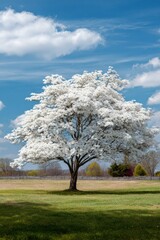 Naklejka premium Majestic spring dogwood tree in bloom under clear blue sky