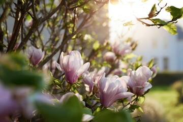 Obraz premium Sunlit magnolia blossoms in spring garden with warm sunrise glow