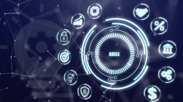 Agile methodology dashboard with iterative progress icons and circular workflow for a professional business networking system.