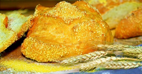 Cozy Farmmarket Scene Showcasing Handcrafted Rustic Bread On Linen With Wheat Stalks And Warm...