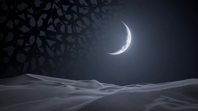 The scene features a crescent moon illuminating a vast desert landscape. Shadows from a nearby structure create patterns on the sand dunes of the tranquil desert.