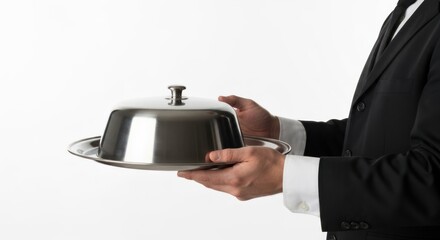 Person in suit holds silver covered food tray, white background