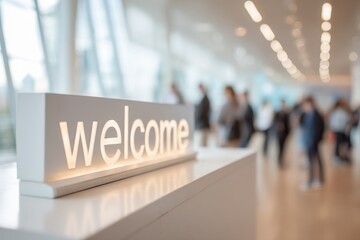 Fototapeta premium Stunning photo of Modern illuminated welcome sign on a white reception desk in a blurred corporate office lobby or event hall