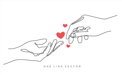 Continuous one line drawing of man gives a red heart to the woman's hands. concept of charity, love, donate and helping hand. International cardiology day.Hand drawn one line vector. Editable stroke.	