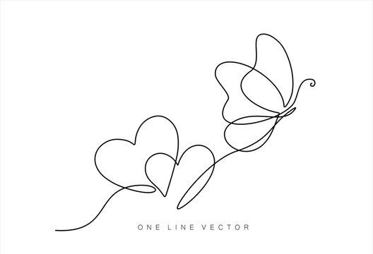 Continuous one line drawing of butterfly and hearts. Flying butterfly route with with hearts shaped. Hand drawn one line vector. Editable stroke	