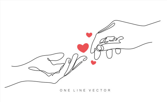 Continuous one line drawing of man gives a red heart to the woman's hands. concept of charity, love, donate and helping hand. International cardiology day.Hand drawn one line vector. Editable stroke.	