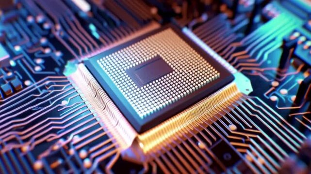 Close-up of a Computer Processor Chip on a Motherboard.